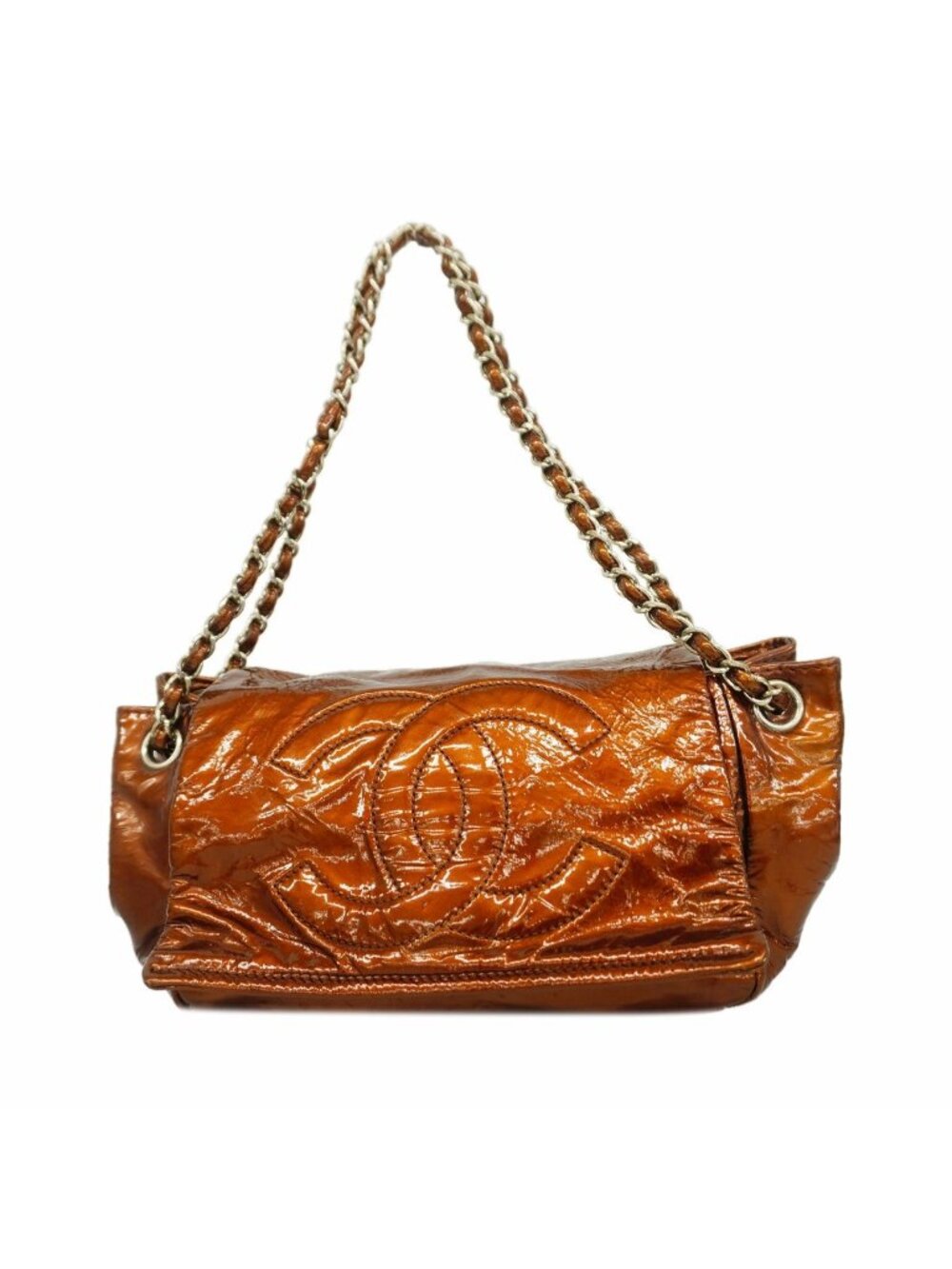 Chanel Shoulder Bag Patent Leather Brown Silver